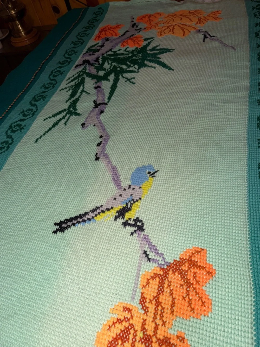 Vintage Large Bird Blanket - Handmade Needlepoint Songbird on Tree - Petit Point